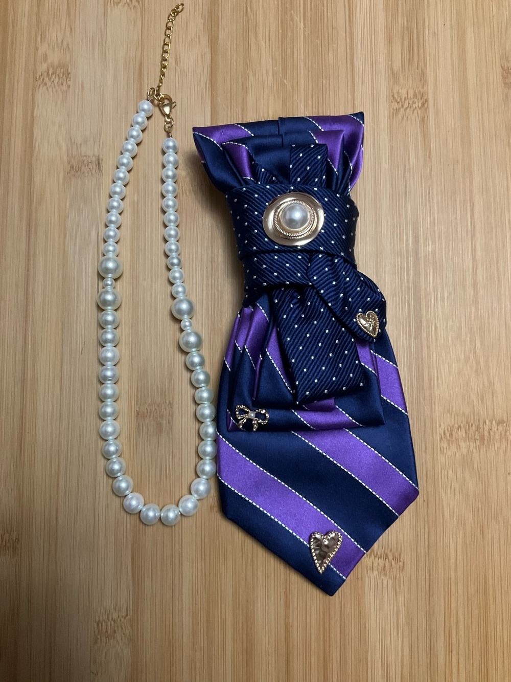 Hand Crafted Purple and Navy Striped Tie Brooch Necklace with Faux Pearls